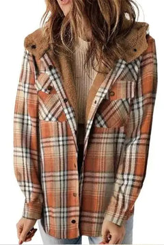 Casual Plaid Hooded Woolen Coat Thickened Fleece