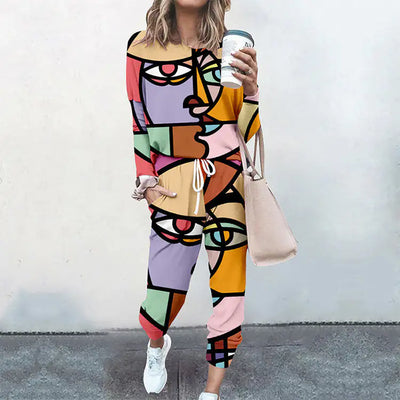 Abstract Blouse Top Elastic Waist Pant Casual Streetwear