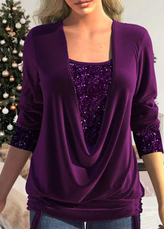 Womne's Sequin-Stitched U-Neck Long-Sleeve Top