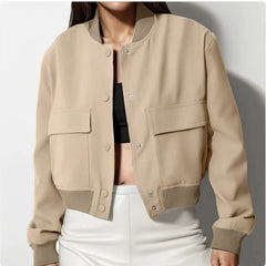 Women's Casual Stand-Collar Button Jacket with Large Pockets – Loose Short Coat