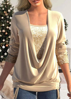 Womne's Sequin-Stitched U-Neck Long-Sleeve Top