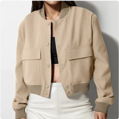 Women's Casual Stand-Collar Button Jacket with Large Pockets – Loose Short Coat