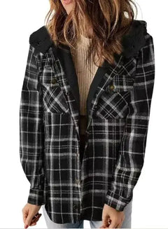 Casual Plaid Hooded Woolen Coat Thickened Fleece