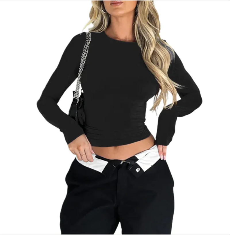 Solid Color Slim-Fit Long Sleeve Women's Casual Pullover Top