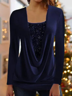 Womne's Sequin-Stitched U-Neck Long-Sleeve Top