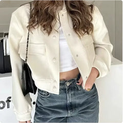 Women's Casual Stand-Collar Button Jacket with Large Pockets – Loose Short Coat