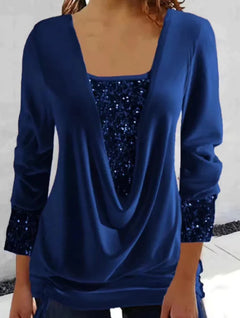 Womne's Sequin-Stitched U-Neck Long-Sleeve Top