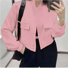 Women's Casual Stand-Collar Button Jacket with Large Pockets – Loose Short Coat