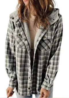 Casual Plaid Hooded Woolen Coat Thickened Fleece