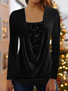 Womne's Sequin-Stitched U-Neck Long-Sleeve Top