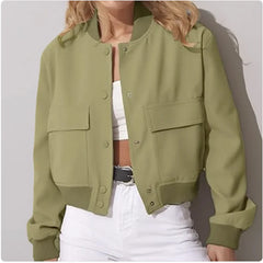 Women's Casual Stand-Collar Button Jacket with Large Pockets – Loose Short Coat