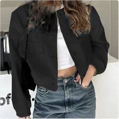 Women's Casual Stand-Collar Button Jacket with Large Pockets – Loose Short Coat